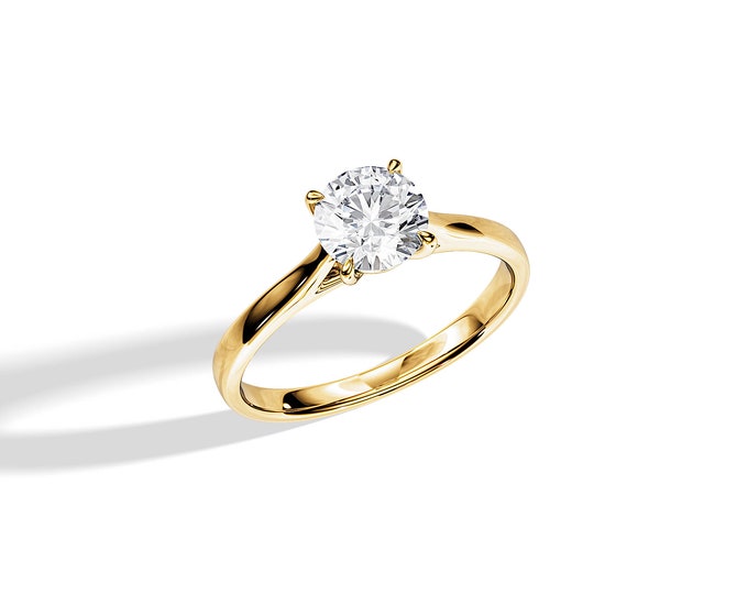 1 Carat Moissanite Cathedral Ring / 14k Yellow Gold Cathedral Engagement Ring / 1 Carat Round Moissanite Ring / Tapered Moissanite Ring