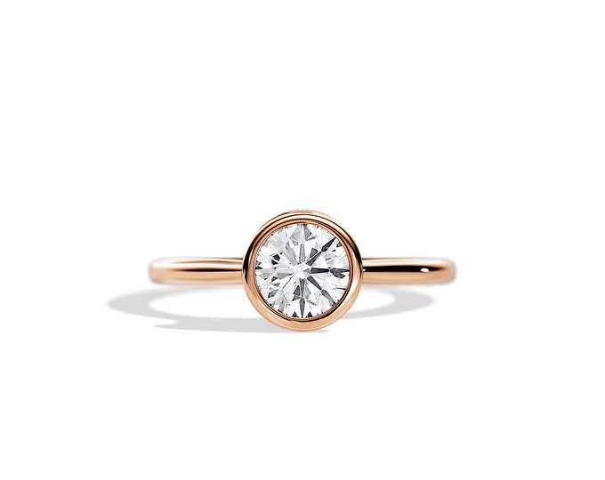 Bezel Set Diamond Engagement Ring / 14K or 18K Rose Gold / 1 CT Natural Diamond Ring / GIA Certified / Unique Hidden Halo Ring / Bezel Ring