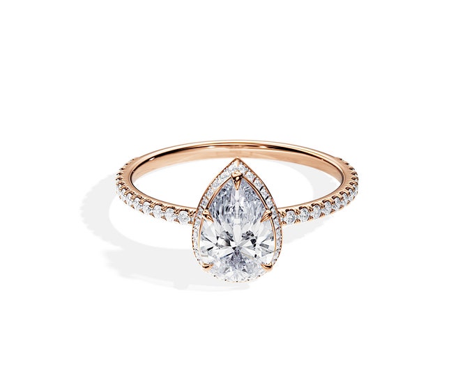 1.5 CT Pear Shaped Engagement Ring / Pear Moissanite Ring / Rose Gold Moissanite Engagement Ring / Double Halo Ring / Hidden Halo / 1.5 Ct