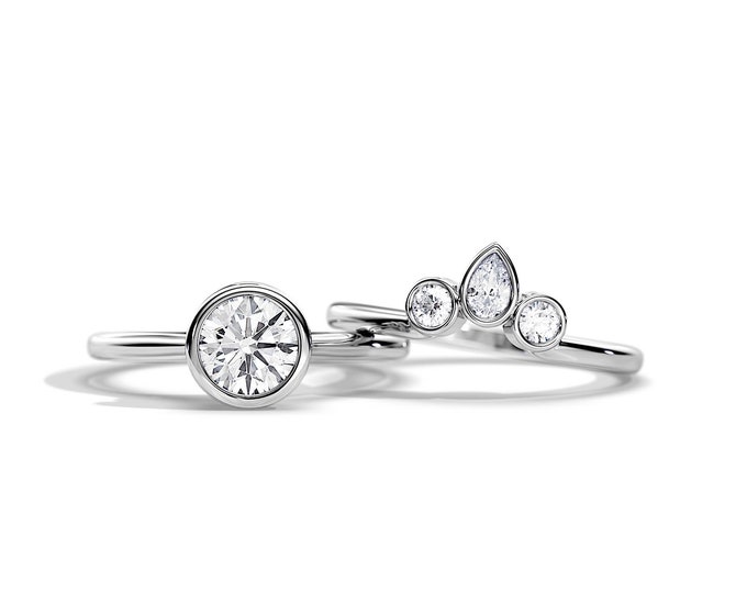 1 Carat Lab Grown Diamond Engagement Ring Set  / Bezel Ring Bridal Set / White Gold Crown Ring / Bezel Set Bridal Ring  / Hidden Halo Ring