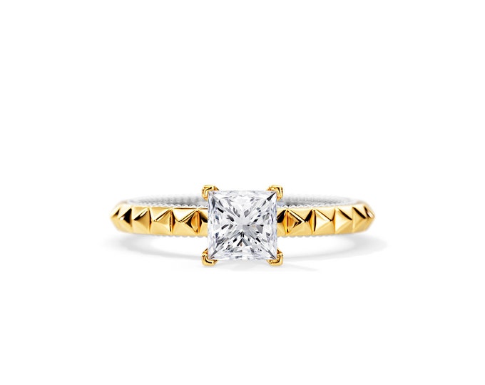 1 Carat Moissanite Pyramid Engagement Ring / Two Tone Moissanite Ring / Unique Bridal Ring / Princess Cut Moissanite / White and Gold Ring