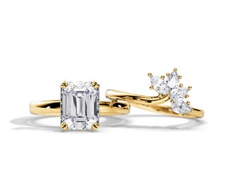 3 Carat Emerald Cut Moissanite Bridal Set / 14K Gold Hidden Halo Engagement Ring Set / Emerald Cut Bridal Set / 3 CT Moissanite Bridal Set