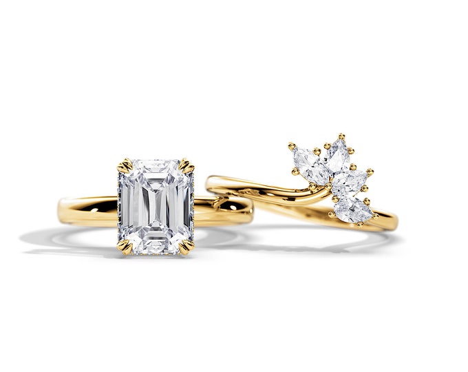 3 Carat Emerald Cut Moissanite Bridal Set / 14K Gold Hidden Halo Engagement Ring Set / Emerald Cut Bridal Set / 3 CT Moissanite Bridal Set