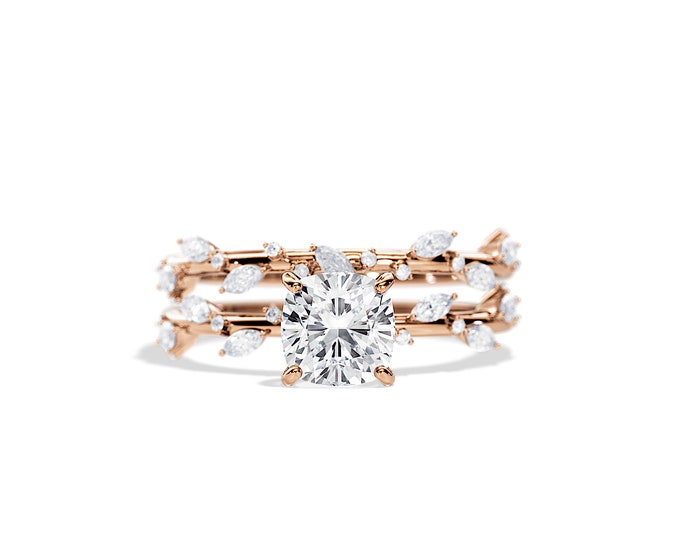 1.5 Carat Cushion Moissanite Nature Inspired Engagement Ring / Rose Gold Twig Bridal Set / 0.45ct Natural Diamonds / Branch Wedding Rings