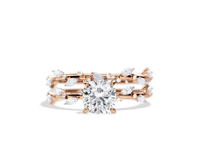 1.5 Carat Cushion Moissanite Nature Inspired Engagement Ring / Rose Gold Twig Bridal Set / 0.45ct Natural Diamonds / Branch Wedding Rings