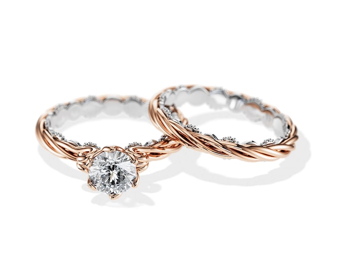 1 Carat Lab Grown Diamond Branch Engagement Ring Set / Two Tone Bridal Set / Rose and White Gold Nature Ring / Nature Inspired Bridal Set