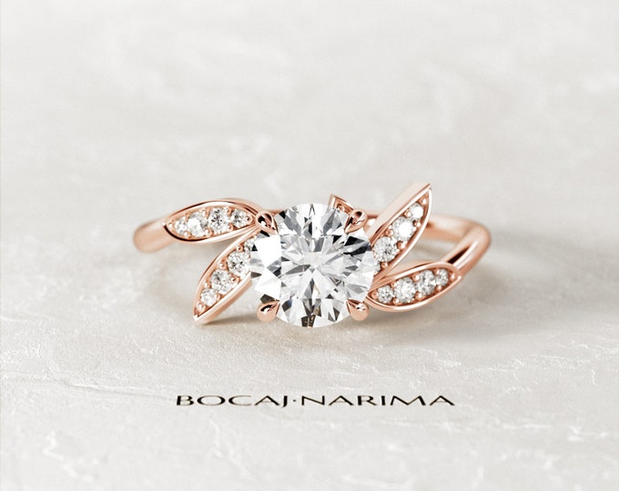 1.5 Carat Round Brilliant Moissanite Nature Inspired Engagement Ring / Unique Organic Ring / Leaves Nature Ring /  Boho Proposal Ring
