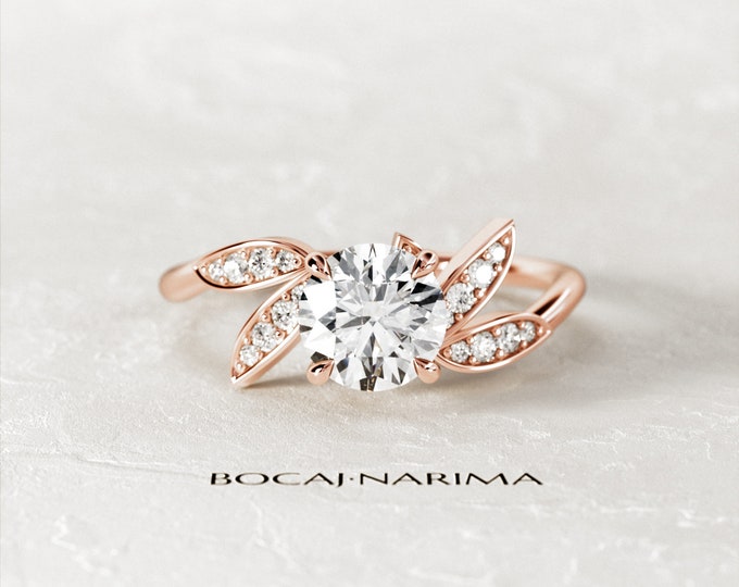 1.5 Carat Round Brilliant Moissanite Nature Inspired Engagement Ring / Unique Organic Ring / Leaves Nature Ring /  Boho Proposal Ring