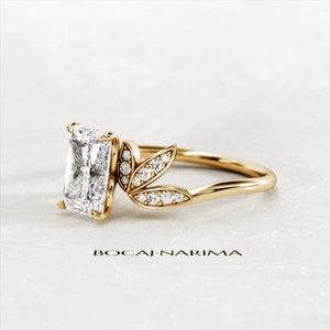 2 Carat Emerald Cut Moissanite Nature Inspired Engagement Ring / Unique Boho Nature Bridal Ring / Yellow Gold Proposal Ring