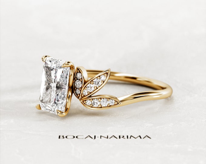 2 Carat Emerald Cut Moissanite Nature Inspired Engagement Ring / Unique Boho Nature Bridal Ring / Yellow Gold Proposal Ring