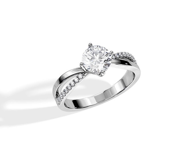 1 Carat Moissanite Split Shank Engagement Ring / White Gold Split Ring / Twisted Engagement Ring / 0.3ct Lab Diamonds / Bridal Ring