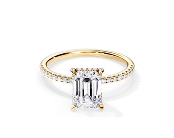 3 Carat Emerald Cut Moissanite Ring / 3 CT Moissanite Engagement Ring / Yellow Gold Hidden Halo Ring / Minimal Ring / 0.32ct Lab Diamonds