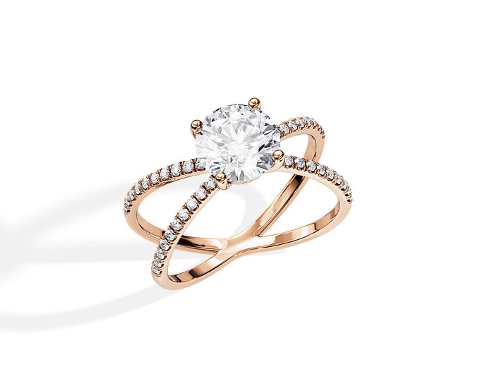 1.5 Carat Moissanite Criss Cross Engagement Ring / Unique Rose Gold Ring / Split Shank Ring / Criss Cross Ring / Hidden Halo / Pave