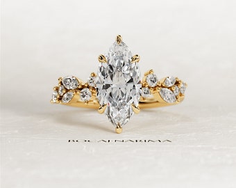 2 Carat Marquise Lab Grown Diamond Nature Inspired Engagement Ring / Twig Ring / 14k 18k Yellow Gold Floral Ring / Anniversary Nature Ring