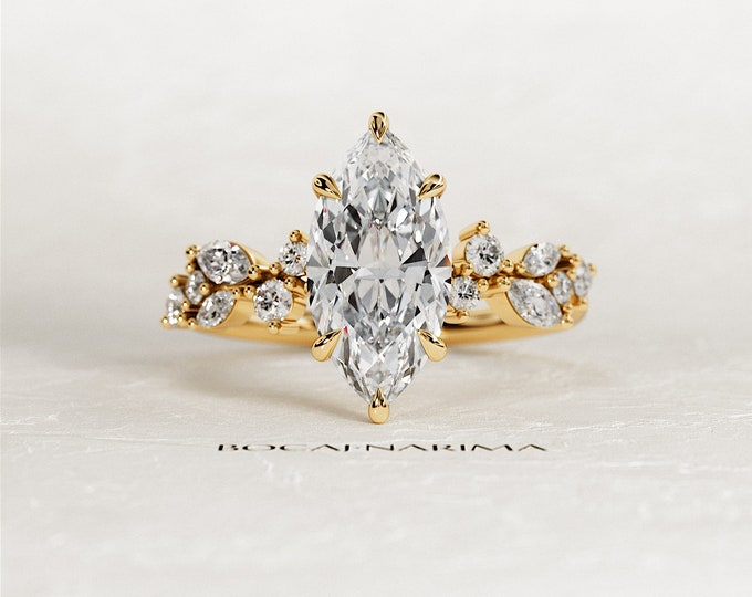 2 Carat Marquise Lab Grown Diamond Nature Inspired Engagement Ring / Twig Ring / 14k 18k Yellow Gold Floral Ring / Anniversary Nature Ring