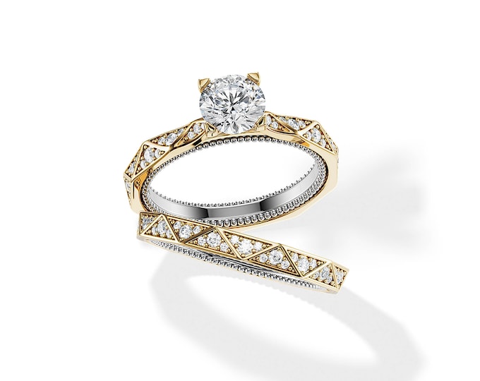 1 CT Moissanite Engagement Ring Set / 0.65ct Accent Lab Diamonds / Two Tone Bridal Set / Unique Wedding Band / Yellow and White Vintage Ring