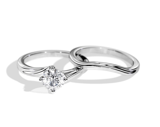 Lab Grown Diamond Bridal Ring / 1 Carat Round Diamond F/VS1 / Twisted Engagement Ring Set / Swirl Solitaire Ring / Womens Ring Set / CVD