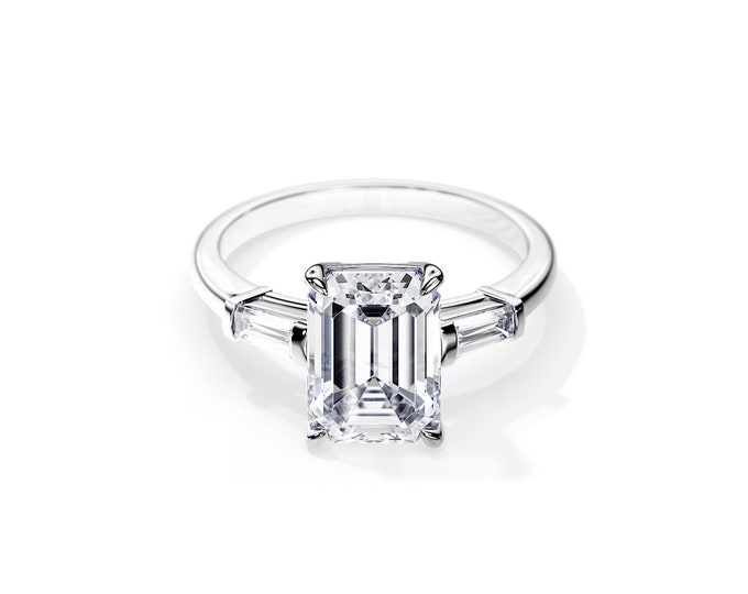 4 CT Emerald Moissanite Ring / 4.5 TCW Three Stone Ring / Emerald and Baguette Ring / Emerald Cut Engagement Ring / White Gold 3 Stone Ring