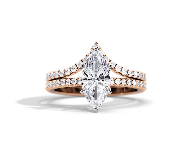 2 Carat Marquise Engagement Ring Set / Moissanite Bridal Set / Rose Gold Hidden Halo Engagement Ring / Marquise Moissanite Ring / Pave Ring