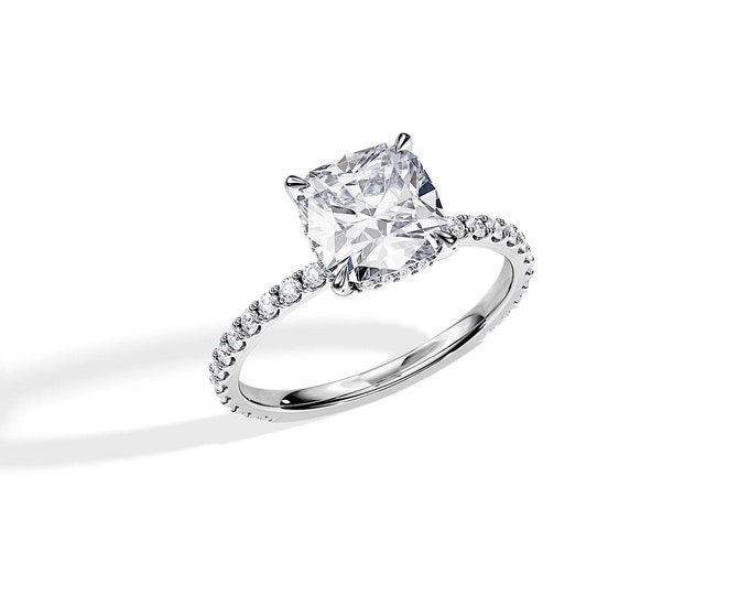 3 Carat Cushion Cut Diamond Engagement Ring / 3 CT Lab Grown Diamond Ring / White Gold Hidden Halo Ring / 3.5 TCW VS1-F / Cushion Diamond