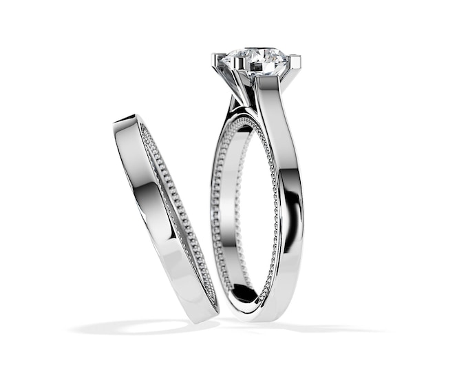 1 Carat Lab Grown Diamond Engagement Ring Set / White Gold Bridal Set / Vintage Wedding Ring / Milgrains Lab Diamond Ring / Cathedral Ring