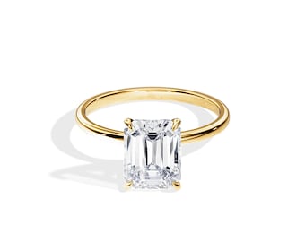 3 Carat Moissanite Thin Engagement Ring / 14K Yellow Gold Dainty Engagement Ring / 3 Carat Emerald Cut Moissanite Solitaire Ring/ 1.5MM Band