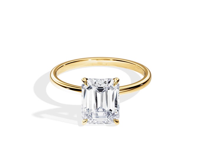 3 Carat Moissanite Thin Engagement Ring / 14K Yellow Gold Dainty Engagement Ring / 3 Carat Emerald Cut Moissanite Solitaire Ring/ 1.5MM Band