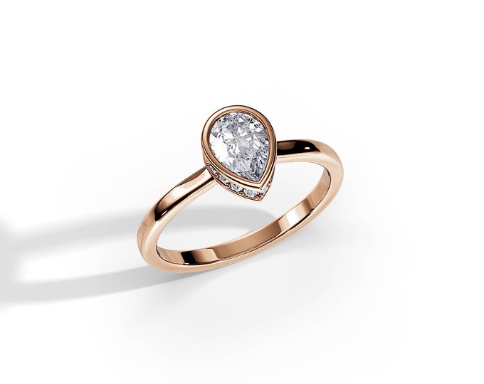 Pear Cut Lab Grown Diamond Ring / 1 Carat Pear Diamond /  Bezel Set Engagement Ring / Rose Gold Ring / Unique / Art Deco Ring / Hidden Halo