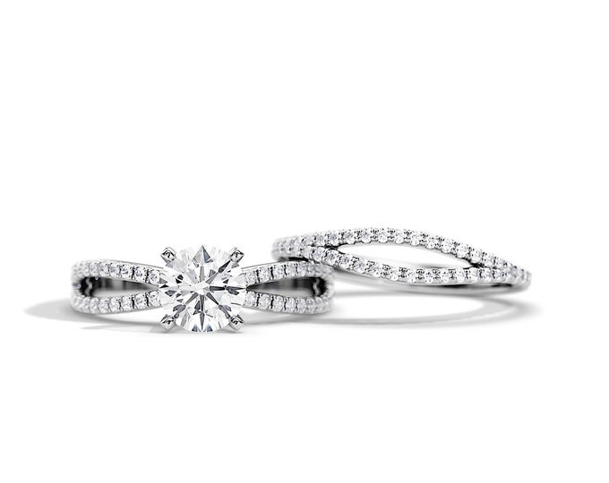 Split Shank Bridal Set / 1 Carat Moissanite Pave Engagement Ring Set / White Gold Infinity Ring Set / Unique Bridal Set / 0.55ct Diamonds