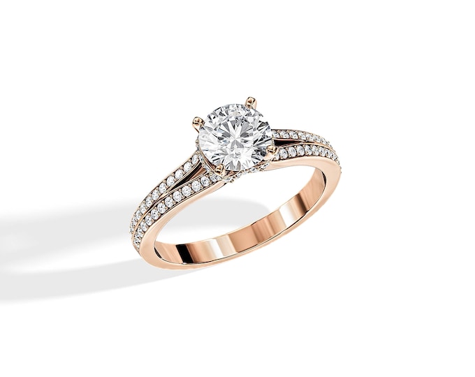 1 Carat Diamond Split Shank Engagement Ring / 14K or 18K Rose Gold / Unique Ring / Crown Hidden Halo / 1 CT Natural Diamond GIA Certified