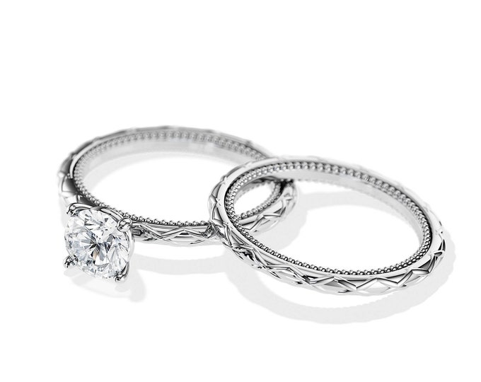 1 Carat SI1/H GIA Certified Solitaire Ring Set / Vintage Bridal Set Rings / White Gold Diamond Engagement Ring / Patterned Engagement Ring