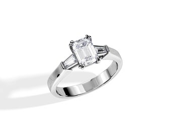 1 Carat Emerald Cut Moissanite Ring / Emerald Three Stone Ring / Emerald and Tapered Baguette / 14K White Gold Engagement Ring / 3 Stone