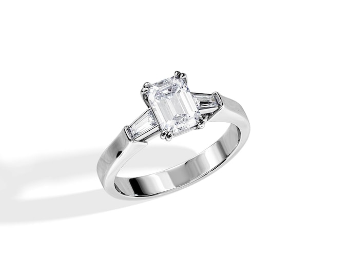 1 Carat Emerald Cut Moissanite Ring / Emerald Three Stone Ring / Emerald and Tapered Baguette / 14K White Gold Engagement Ring / 3 Stone