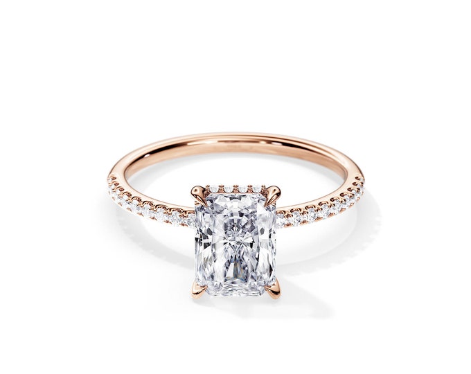 2 Carat Radiant Cut Lab Grown Diamond Engagement Ring / Radiant Cut Thin Engagement Ring / Hidden Halo / Rose Gold / 2CT CVD Diamond / Pave