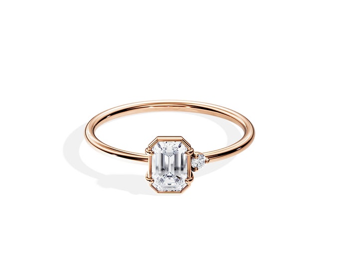 Rose Gold Art Deco Diamond Ring / Emerald Cut Lab Grown Diamond Art Deco Ring / Bezel Set 0.5 CT Emerald Diamond Ring / Thin Diamond Ring