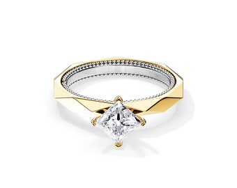 1 CT Princess Lab Grown Diamond Ring / Unique Lab Grown Diamond Ring / Pyramid Ring / Promise Ring / Unique Engagement Ring / Two Tone Ring