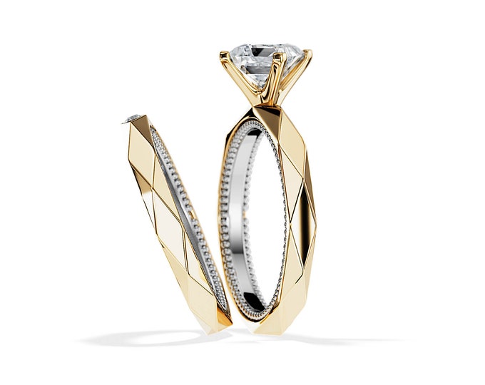 1 Carat Princess Cut Lab Grown Diamond Rings Set / Unique Bridal Set / Faceted Engagement Ring Set / Two Tone Bridal Sets / Women Ring Set