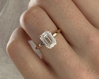 2 Carat Emerald Cut E VVS2 Lab Grown Diamond Solitaire Ring / 14k 18k Gold Claw Prong Basket Minimal Engagement Ring / Thin Dainty Ring