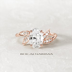 2 Carat Oval Moissanite Nature Inspired Engagement Ring / Rose Gold Floral Ring / Unique Ring /  Nature Proposal Ring