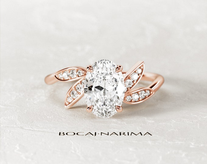 2 Carat Oval Moissanite Nature Inspired Engagement Ring / Rose Gold Floral Ring / Unique Ring /  Nature Proposal Ring