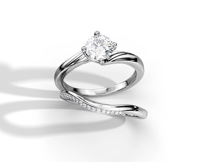 1 Carat Natural Diamond Bridal Set / White Gold Bridal Set / Twisted Solitaire Ring Set / Round Brilliant / GIA Diamond Women Rings Set