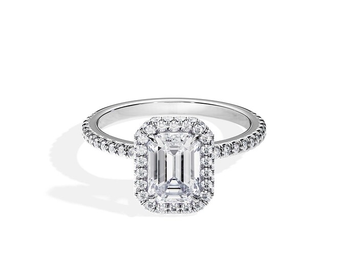 2 Carat Emerald Cut Moissanite Engagement Ring / Double Edge Halo / White Gold / Emerald Cut Halo Engagement Ring / 0.6ct Lab Grown Diamonds