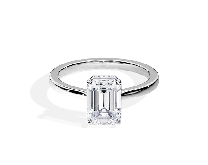 2.5 CT Emerald Cut Lab Diamond Hidden Halo Ring / Emerald Cut Diamond Engagement Ring / White Gold Bridal Ring / 2.5CT Emerald CVD Diamond