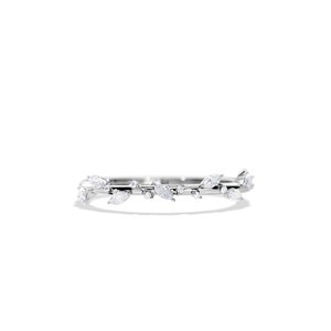 May include: A delicate silver ring featuring a leaf design. The ring is adorned with multiple clear, marquise-cut gemstones and smaller round stones, creating a nature-inspired aesthetic. The ring is set against a white background.