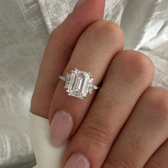 3 CT Emerald Cut Lab Grown Nature Inspired Engagement Ring / VVS2