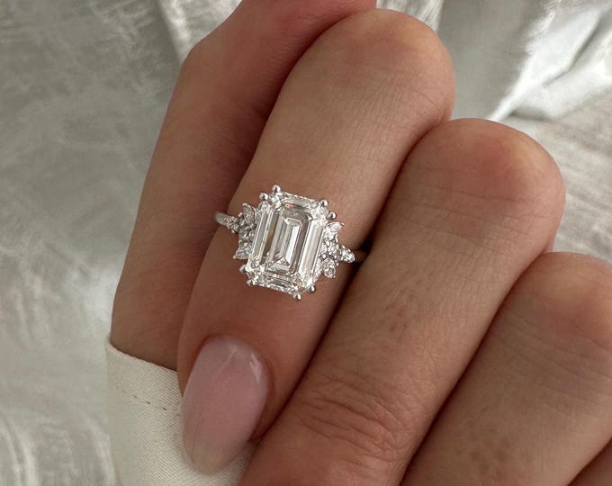 3 CT Emerald Cut Lab Grown Nature Inspired Engagement Ring / VVS2 E IGI / Cluster Diamond Ring / Floral Twig White Gold Diamond Ring