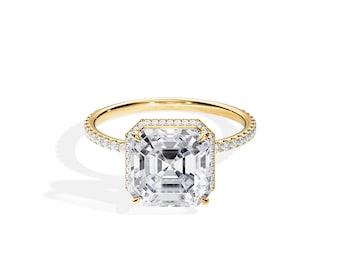 3 Carat Asscher Cut Lab Grown Diamond Engagement Ring / Asscher Cut Lab Diamond Ring / Double Edge Halo / Pave / Yellow Gold / Lab Diamonds