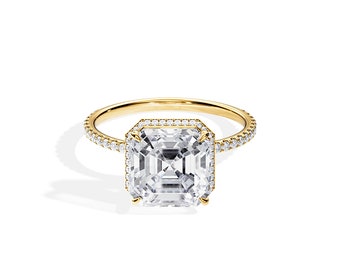 3 Carat Asscher Cut Lab Grown Diamond Engagement Ring / Asscher Cut Lab Diamond Ring / Double Edge Halo / Pave / Yellow Gold / Lab Diamonds