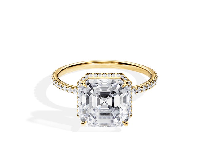 3 Carat Asscher Cut Lab Grown Diamond Engagement Ring / Asscher Cut Lab Diamond Ring / Double Edge Halo / Pave / Yellow Gold / Lab Diamonds