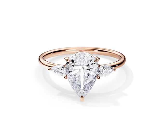 3 Carat Pear Lab Grown Diamond Ring / 3 Carat Pear Diamond Ring / Pear Lab Grown Diamond / 3 Stone Ring / Three Stone Ring / 14K Rose Gold